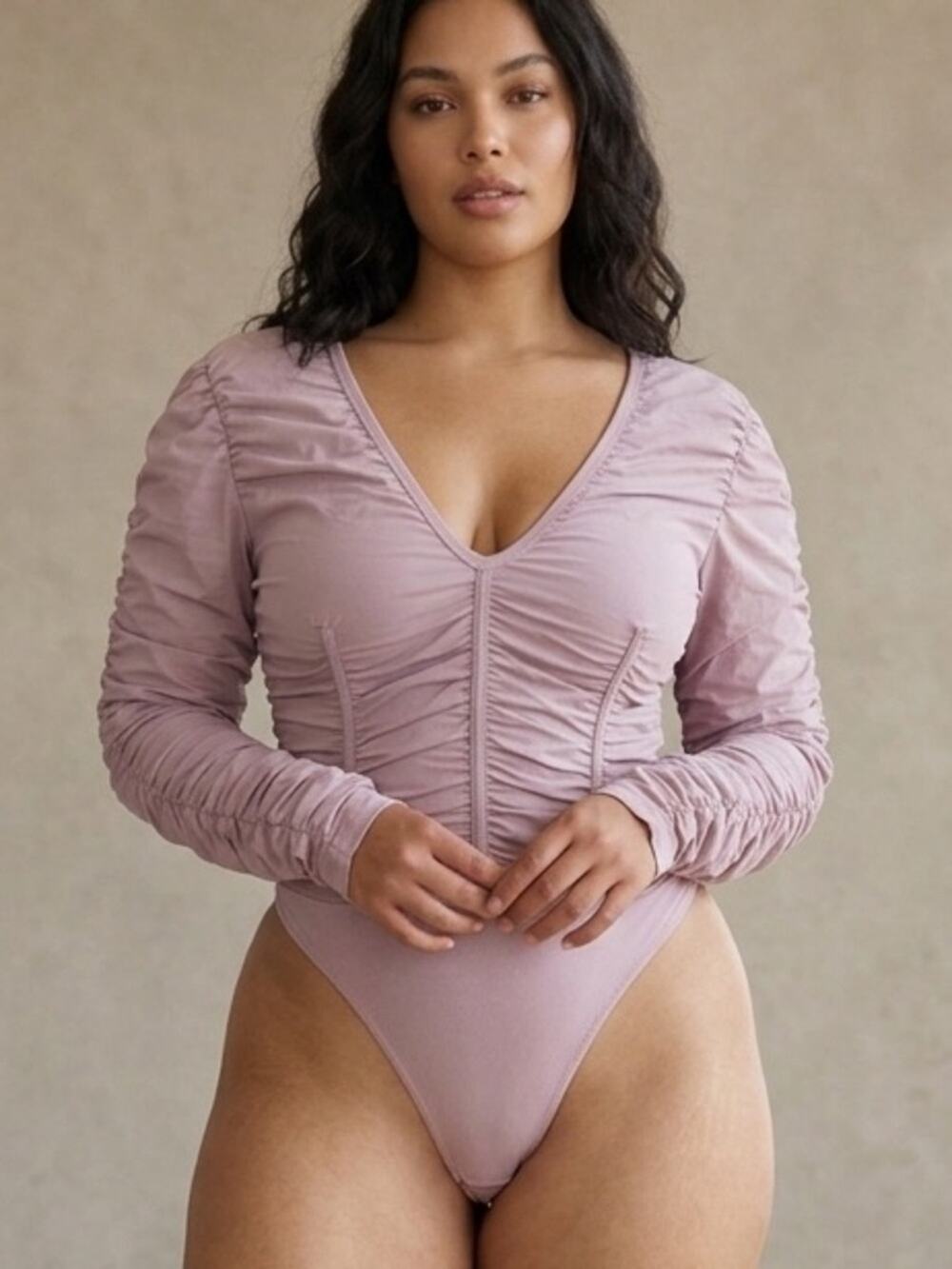 NWT Manière De Voir Ruched Bodysuit size 6 purple